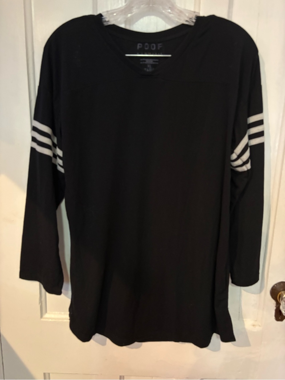 Poof! Women’s Black V-Neck Long Sleeve Shirt with White Sleeve Stripes